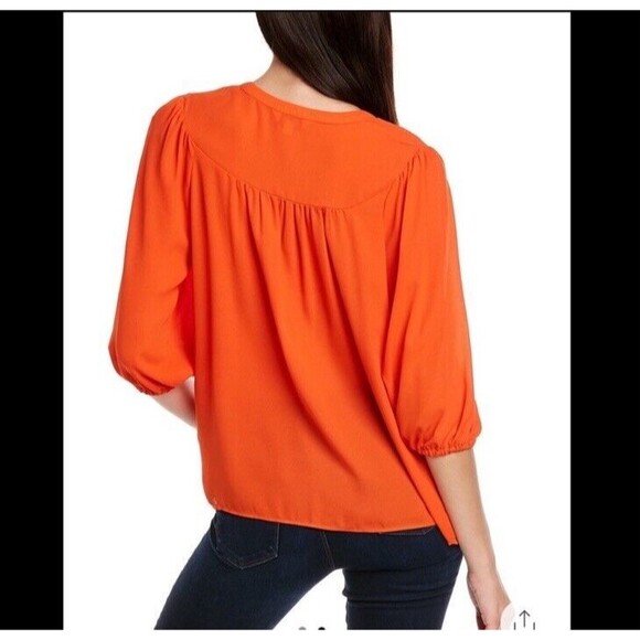 Nanette Lepore Pleated Blouse Womens L Orange Long Sleeve Smocked V-neck Top - Picture 2 of 10